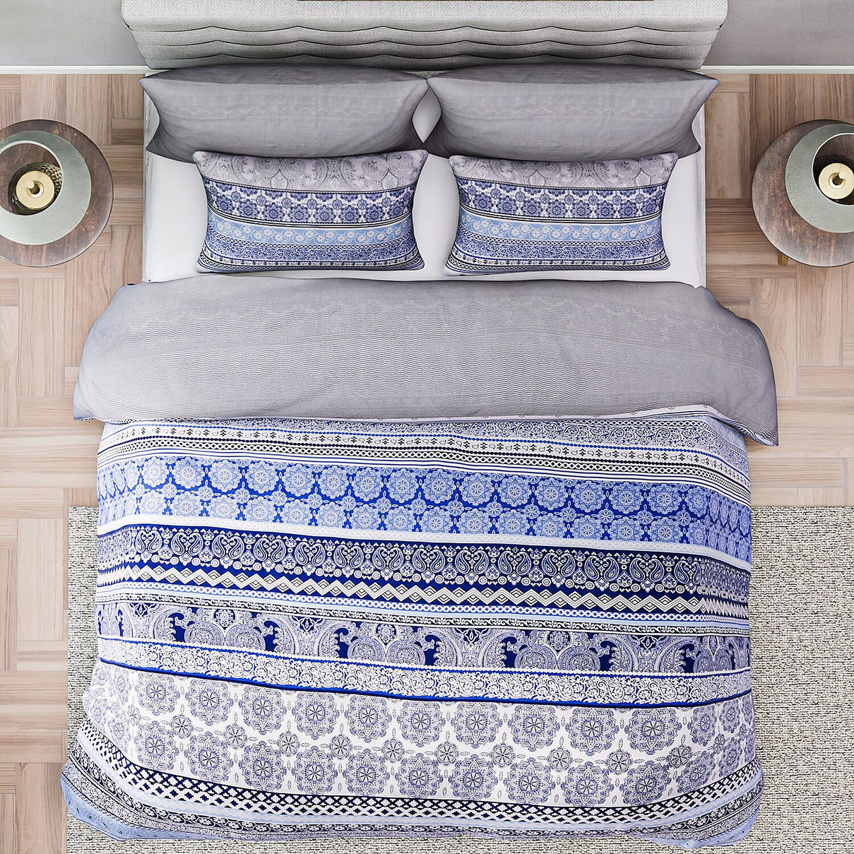 3 Piece Set - Printed Duvet Cover with 2 Pillow Cases (Double Size,200x200 cm) - Blue - White 7371804 2