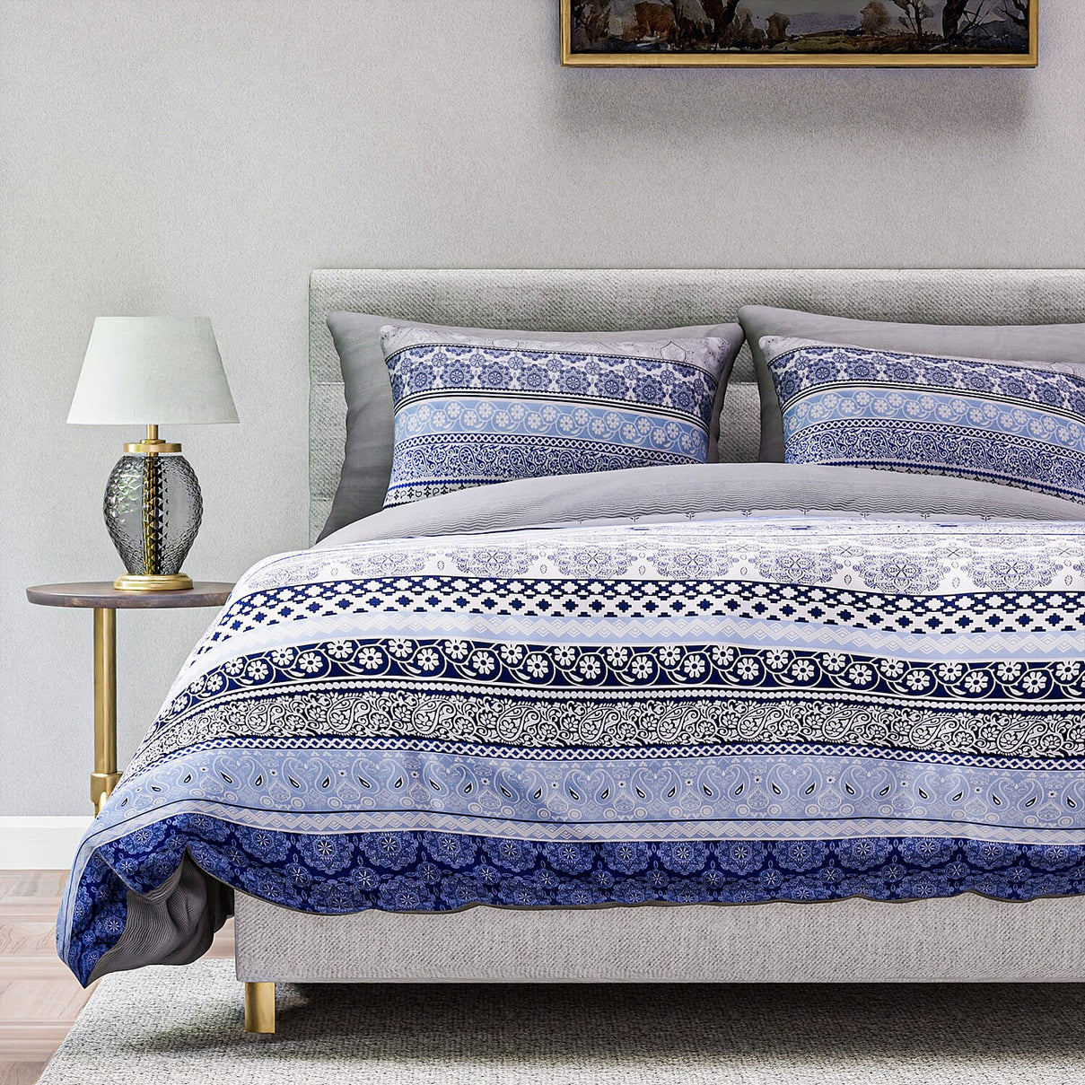 3 Piece Set - Printed Duvet Cover with 2 Pillow Cases (Double Size,200x200 cm) - Blue - White 7371804 3
