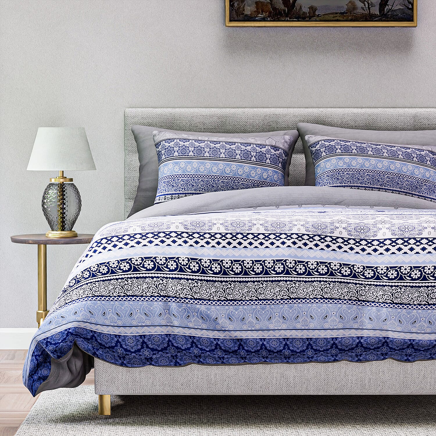3 Piece Set - Printed Duvet Cover with 2 Pillow Cases (Double Size,200x200 cm) - Blue - White 7371804 3