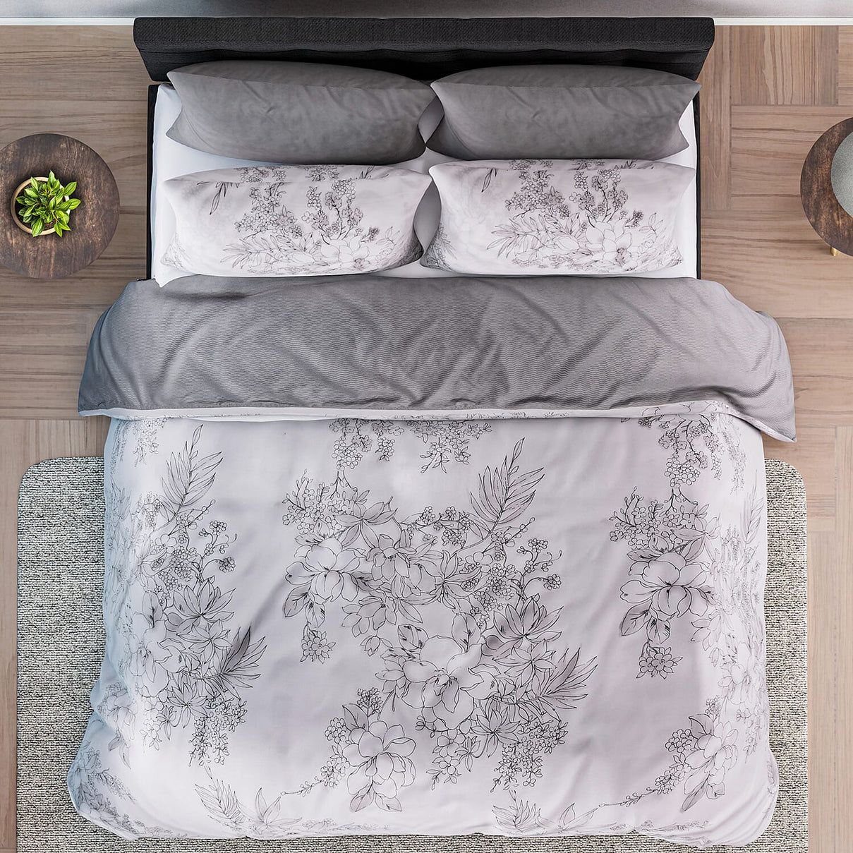 Set of 3 - Floral Printed Duvet Cover with 2 Pillow Cases - White 7372227 2