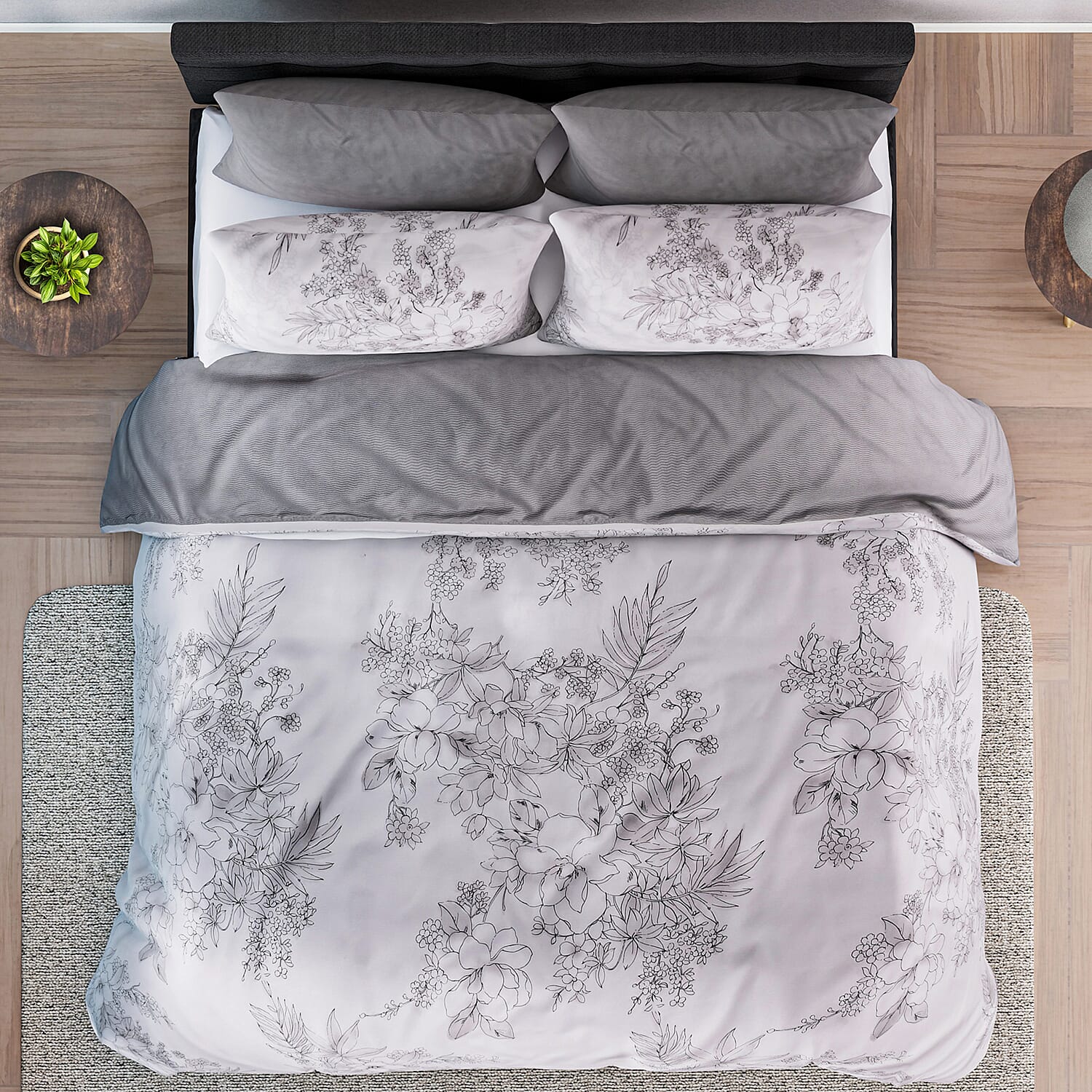 Set of 3 - Floral Printed Duvet Cover with 2 Pillow Cases - White 7372227 2