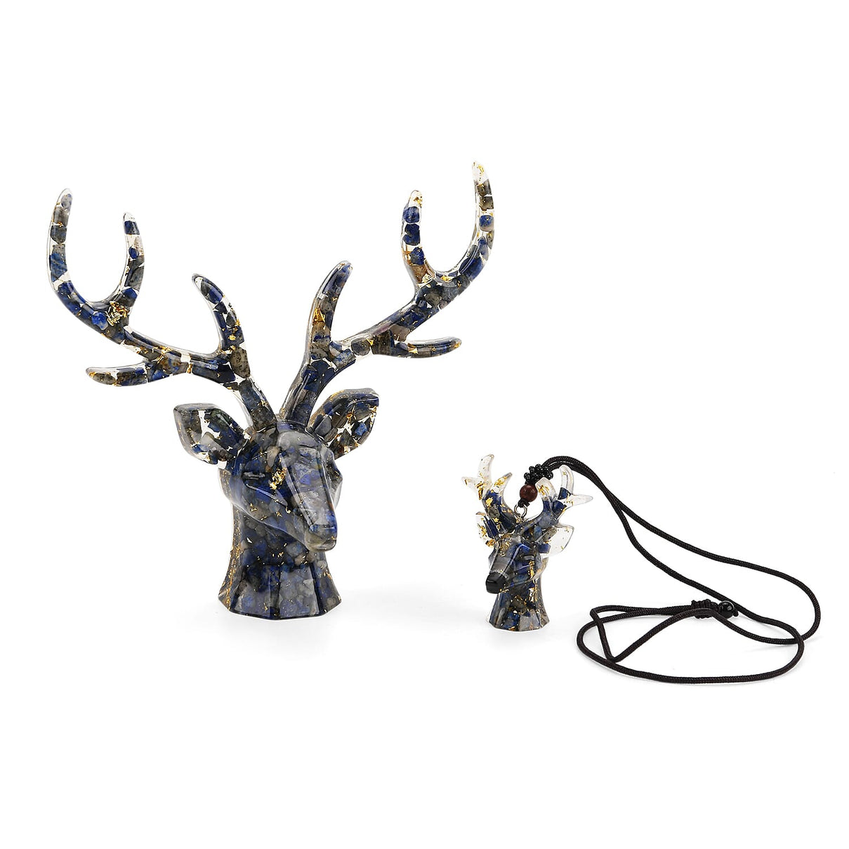 Set Of 2 - Lapis Lazuli, Resin Reindeer Christmas Decor &amp; Lapis Lazuli Mini Reindeer Necklace (Size 28 Adjustable) 8255288 0