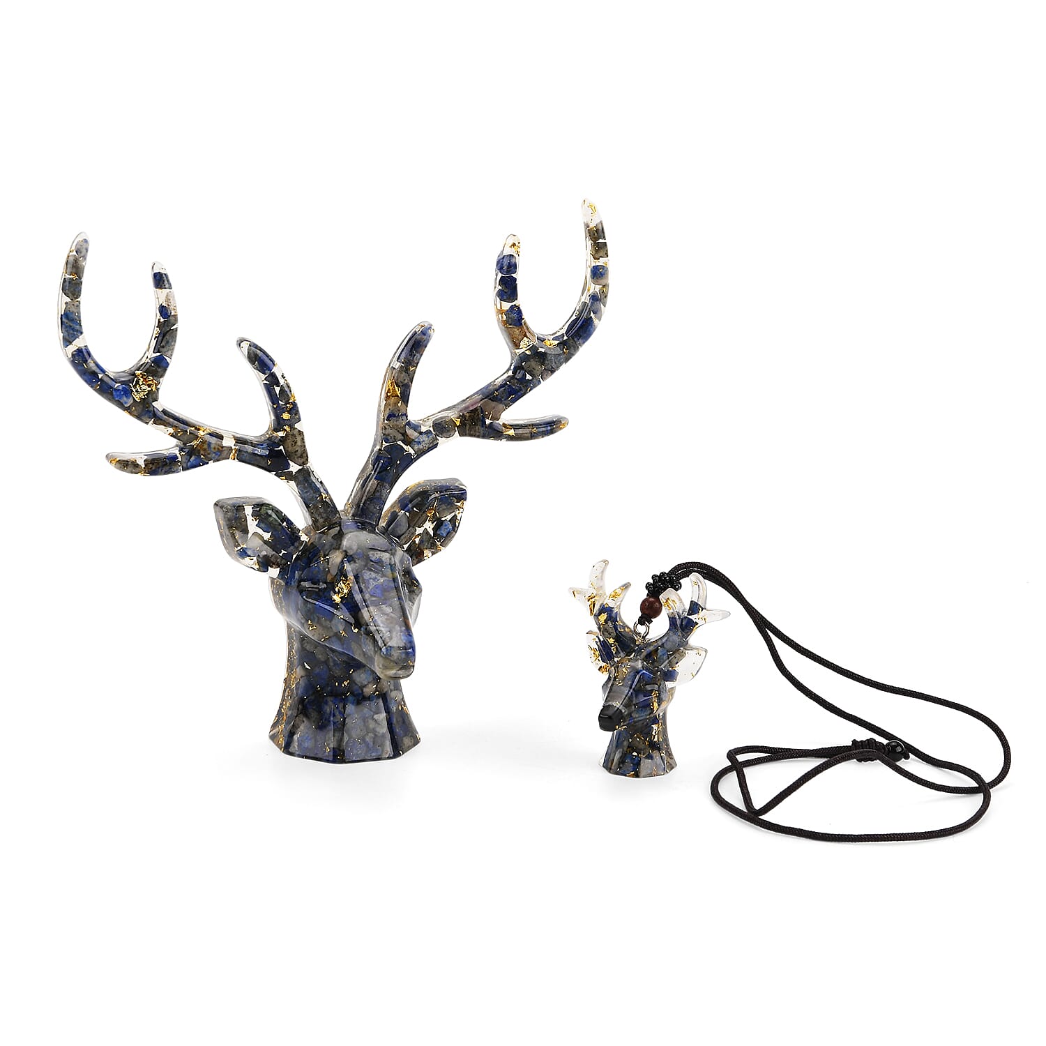 Set Of 2 - Lapis Lazuli, Resin Reindeer Christmas Decor &amp; Lapis Lazuli Mini Reindeer Necklace (Size 28 Adjustable) 8255288 0