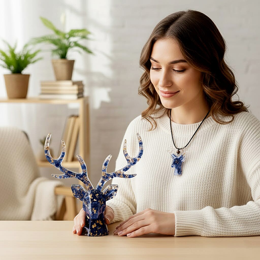 Set Of 2 - Lapis Lazuli, Resin Reindeer Christmas Decor &amp; Lapis Lazuli Mini Reindeer Necklace (Size 28 Adjustable) 8255288 2