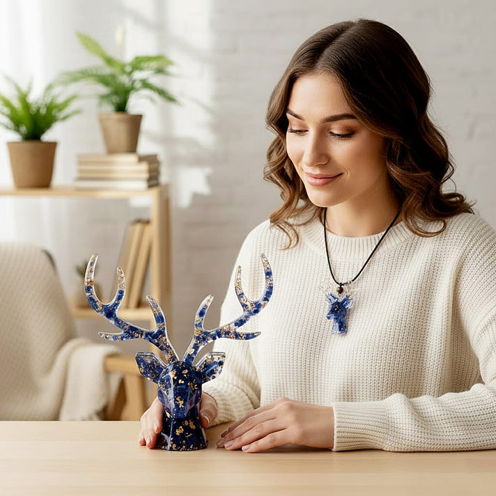 Set Of 2 - Lapis Lazuli, Resin Reindeer Christmas Decor &amp; Lapis Lazuli Mini Reindeer Necklace (Size 28 Adjustable) 8255288 2