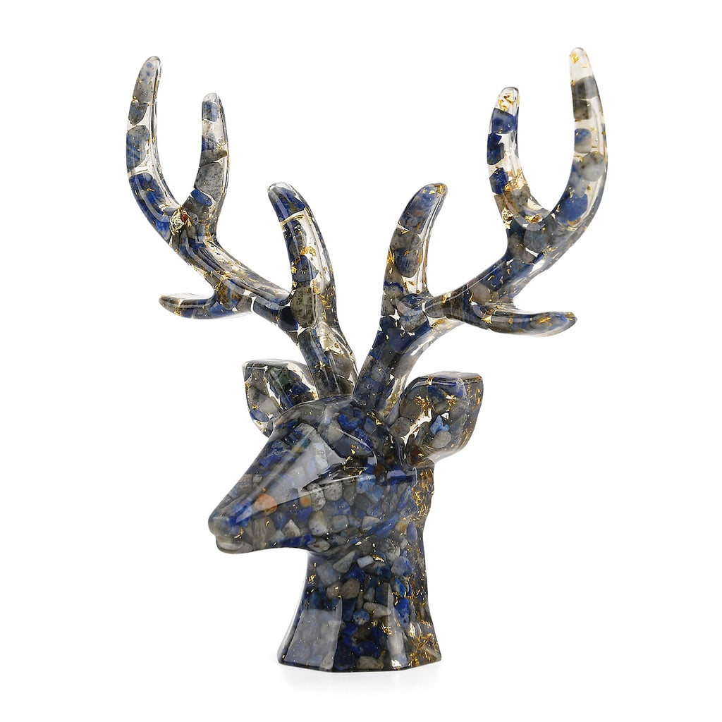 Set Of 2 - Lapis Lazuli Crystals & Resin Reindeer Christmas Decor & Amber Deer Head Necklace (Size 28 Adjustable) - Blue