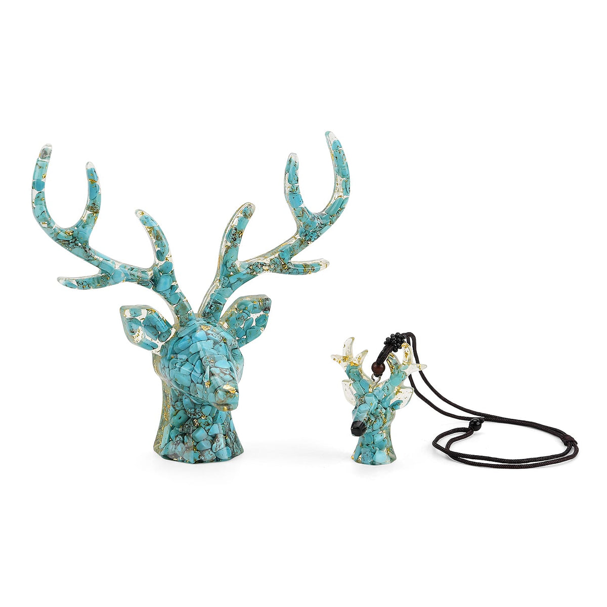 Set Of 2 - Turquoise, Resin Reindeer Christmas Decor &amp; Turquoise Mini Reindeer Necklace (Size 28 Adjustable) V32580220 0