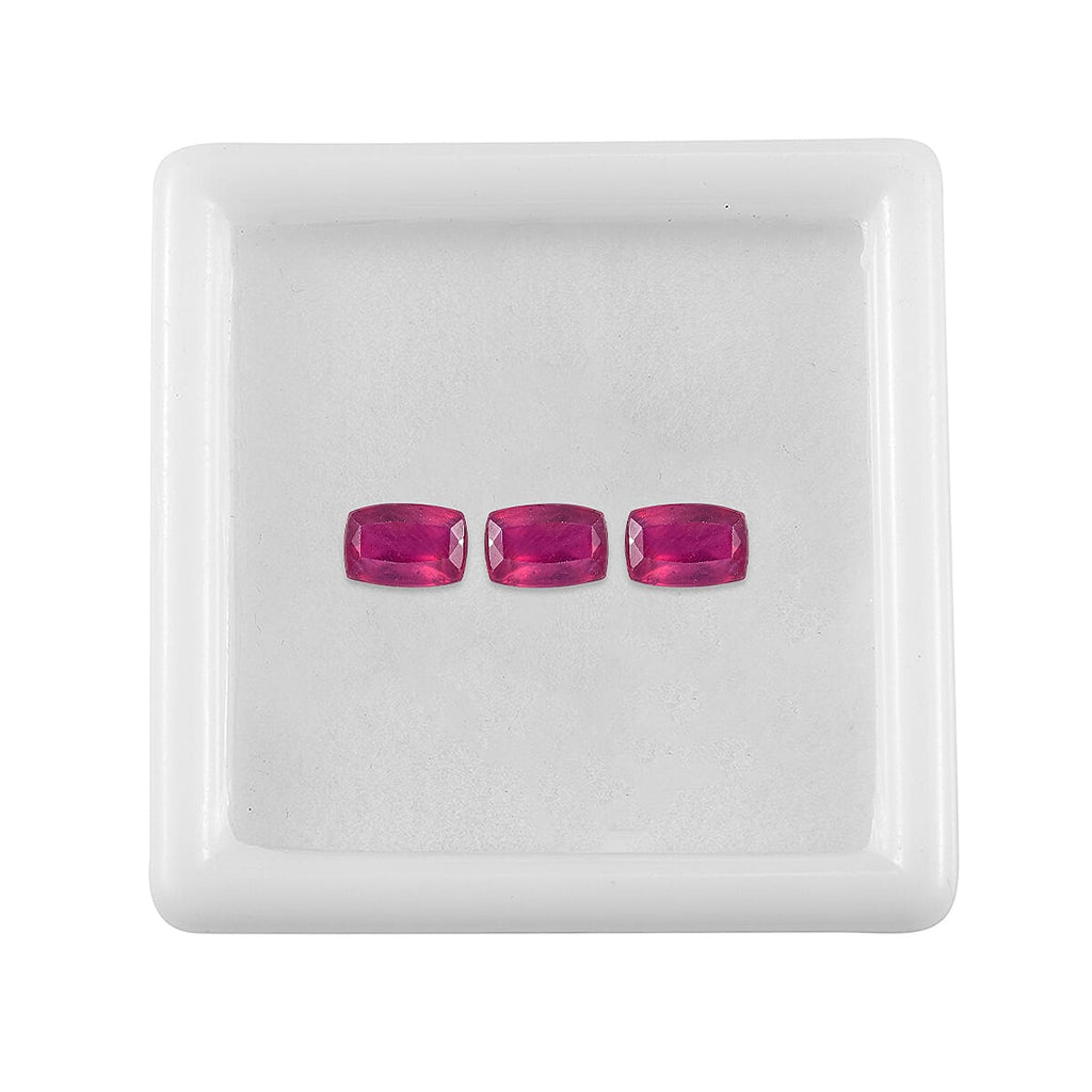 Set Of 3 Fissure Filled Ruby Cushion Cut 6X4 mm Gemstone, 2.39 Ct