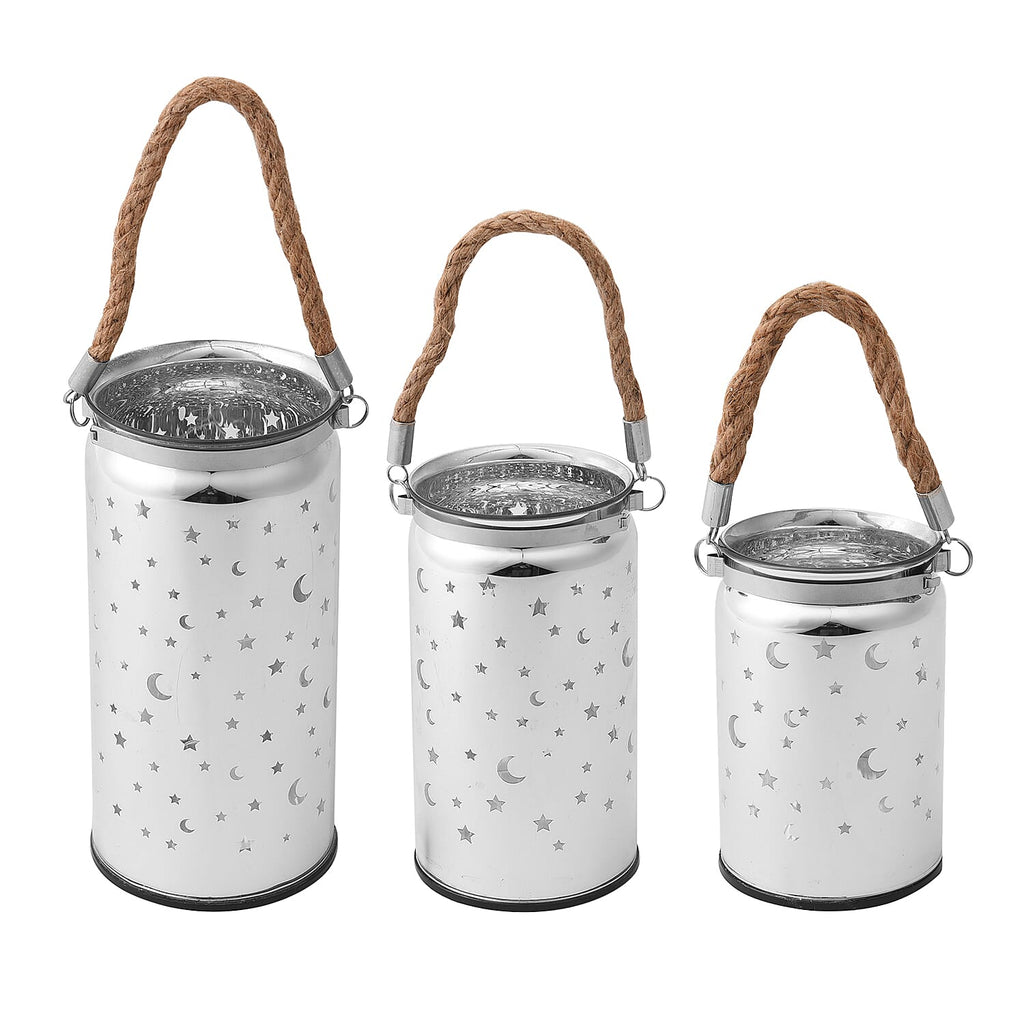 Set of 3 - Decorative Moon and Starry Sky LED Lantern (Size 20x10 cm, 16x9 cm - 12x8 cm) - Silver