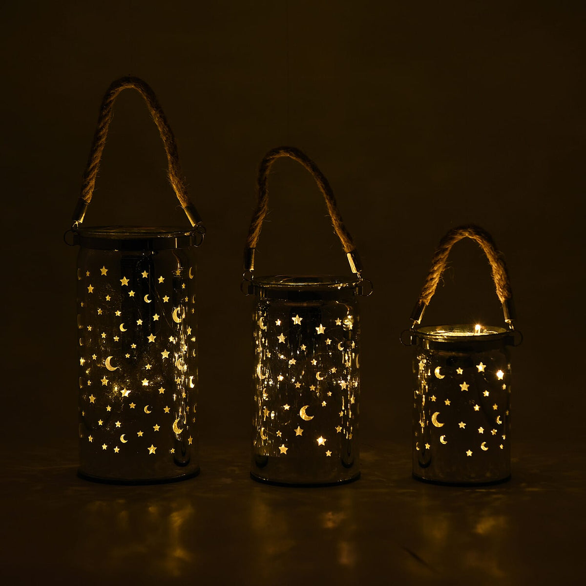 Set of 3 - Decorative Moon and Starry Sky LED Lantern  Home DÃ©cor, Bedroom, Room Decor and Party - Silver 3880166 2
