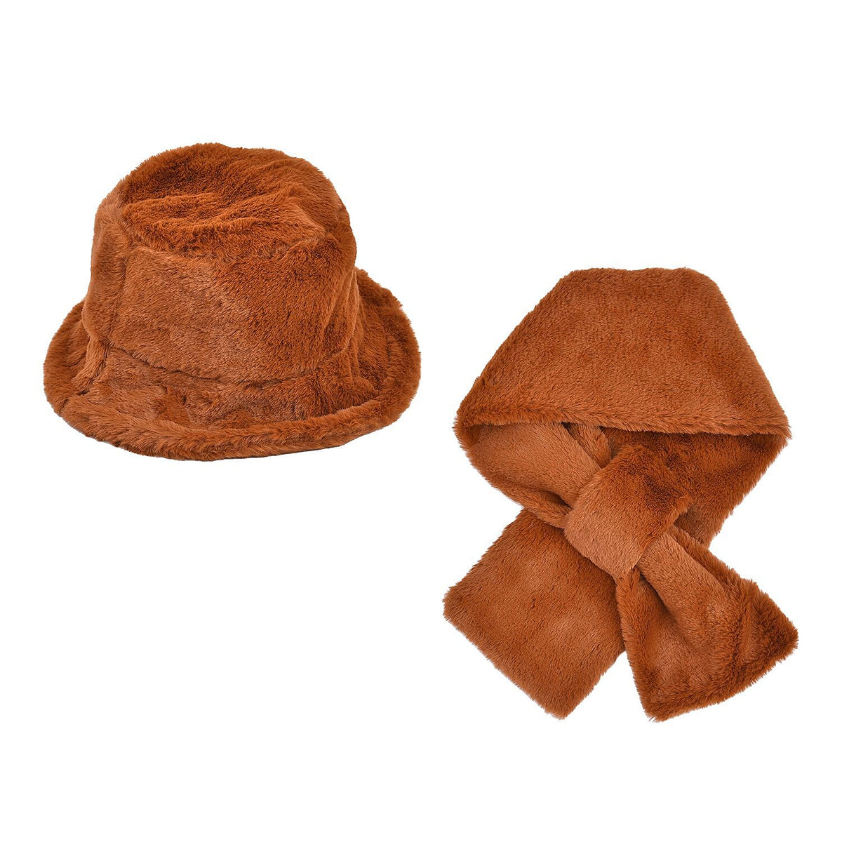 Set of 2 - Faux Fur Bucket Hat and Scarf - Brown 7194121 0