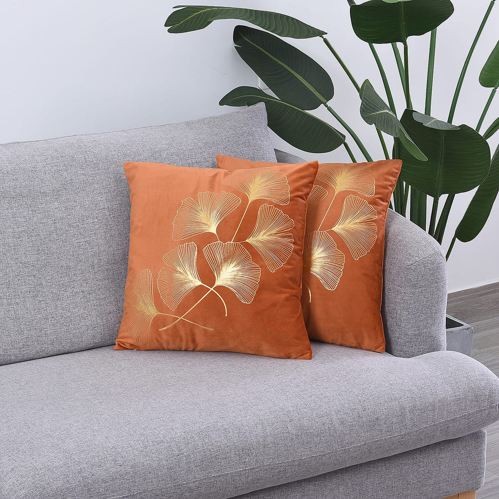 Set of 2 - Ginkgo Leaves Pattern Velvet Cushion Cover (Size 45 Cm) - Ginger & Gold