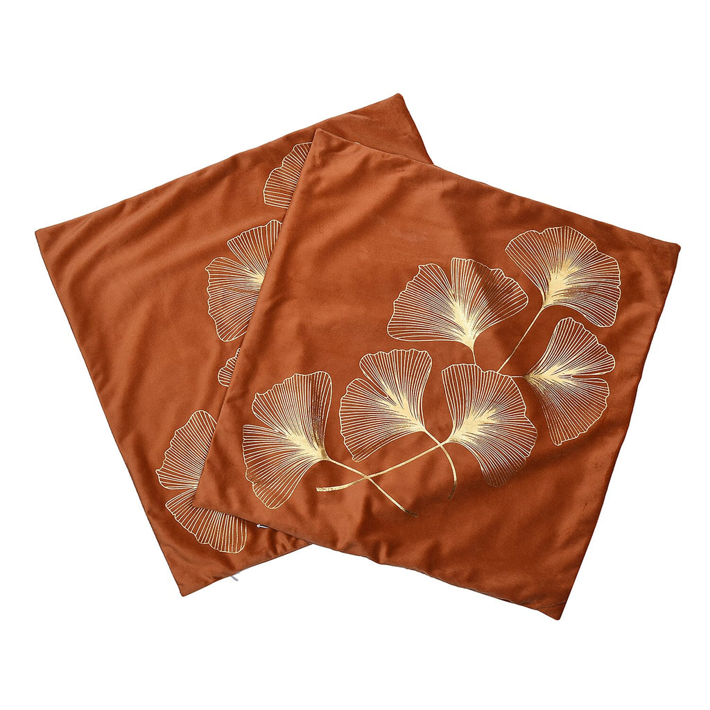 Set of 2 - Ginkgo Leaves Pattern Velvet Cushion Cover (Size 45 Cm) - Ginger & Gold