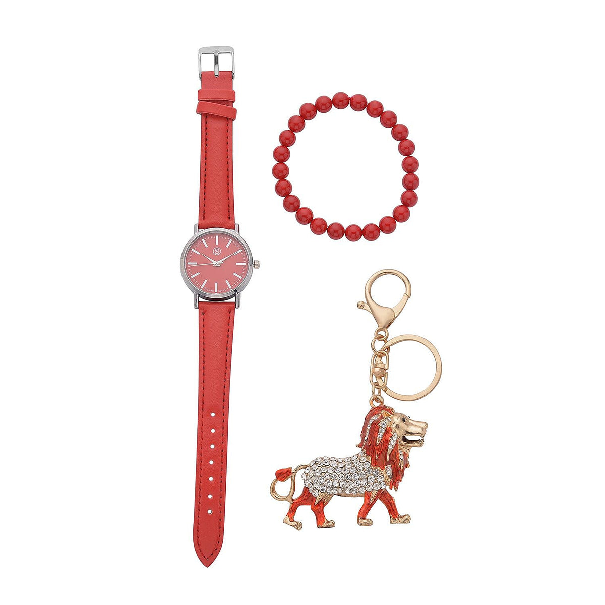 3 Piece Set - Red Howlite Stretchable Beads Bracelet (Size 8), White and Black Austrian Crystal Studded Lion Key Chain and STRADA Water Resistant Watch with Red Strap 4118735 0