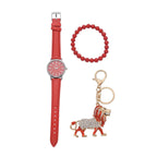 3 Piece Set - Red Howlite Stretchable Beads Bracelet (Size 8), White and Black Austrian Crystal Studded Lion Key Chain and STRADA Water Resistant Watch with Red Strap