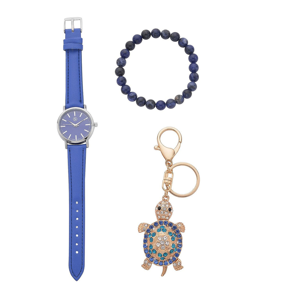 3 Piece Set - Sodalite Stretchable Beads Bracelet (Size 8), Multi Colour Austrian Crystal Turtle Key Chain and STRADA Water Resistant Watch with Blue Strap