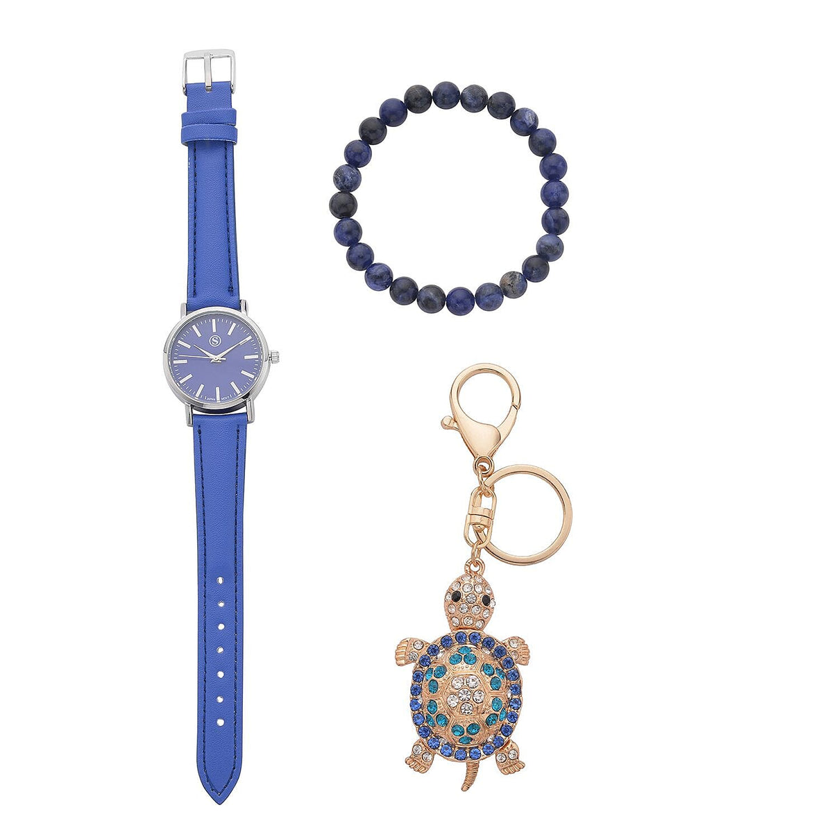 3 Piece Set - Sodalite Stretchable Beads Bracelet (Size 8), Multi Colour Austrian Crystal Turtle Key Chain and STRADA Water Resistant Watch with Blue Strap 4118731 0