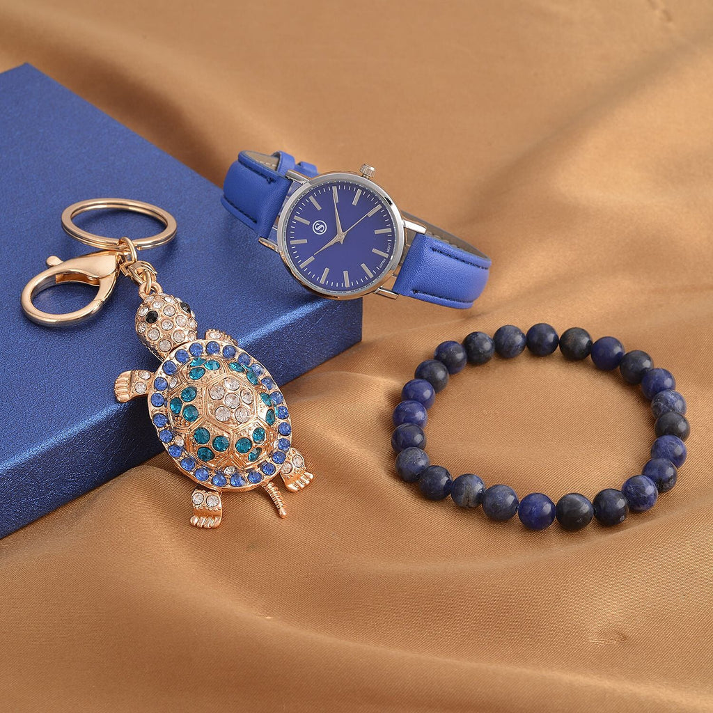 3 Piece Set - Sodalite Stretchable Beads Bracelet (Size 8), Multi Colour Austrian Crystal Turtle Key Chain and STRADA Water Resistant Watch with Blue Strap
