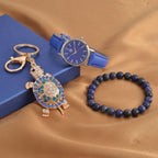 3 Piece Set - Sodalite Stretchable Beads Bracelet (Size 8), Multi Colour Austrian Crystal Turtle Key Chain and STRADA Water Resistant Watch with Blue Strap