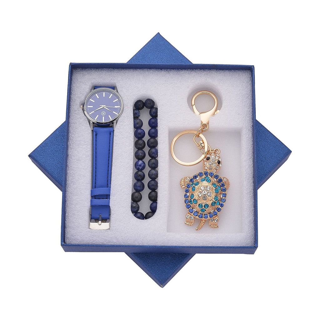 3 Piece Set - Sodalite Stretchable Beads Bracelet (Size 8), Multi Colour Austrian Crystal Turtle Key Chain and STRADA Water Resistant Watch with Blue Strap