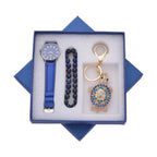 3 Piece Set - Sodalite Stretchable Beads Bracelet (Size 8), Multi Colour Austrian Crystal Turtle Key Chain and STRADA Water Resistant Watch with Blue Strap