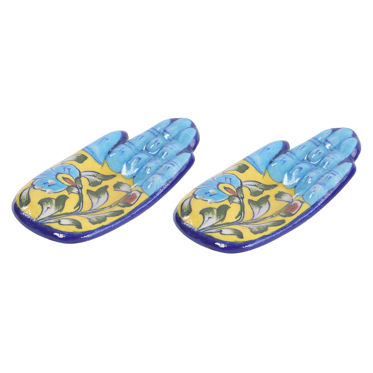 Set of 2 - Hand printed Ceramic Incense Holder or Ash Catcher for Home dÃ©cor and office - Blue and Yellow 6320849 0