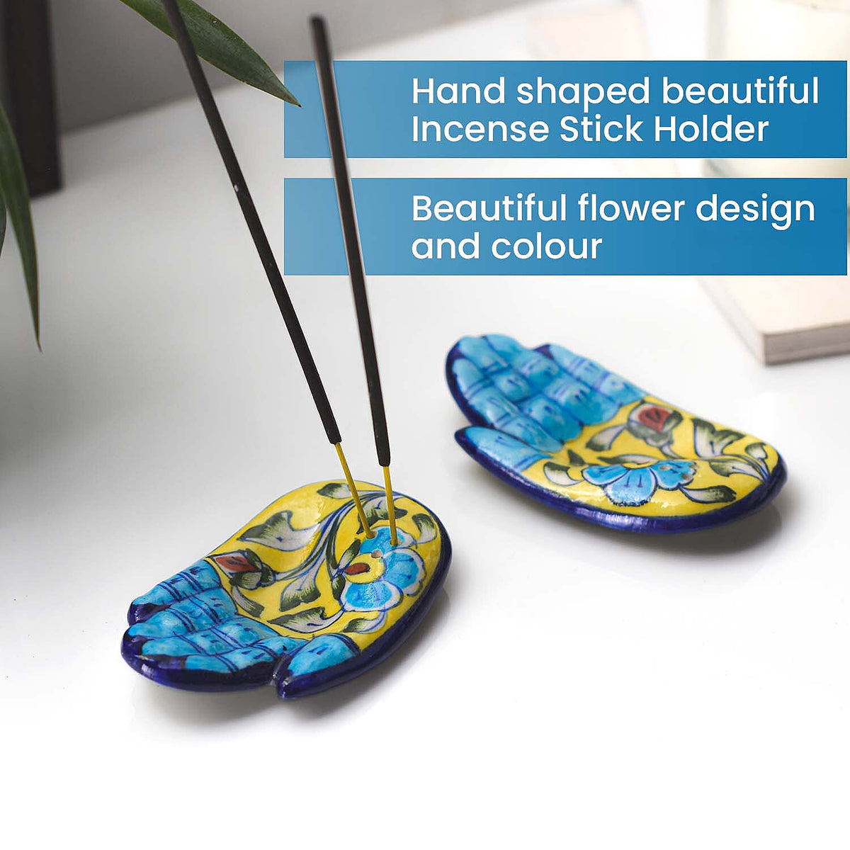 Set of 2 - Hand printed Ceramic Incense Holder or Ash Catcher for Home dÃ©cor and office - Blue and Yellow 6320849 2