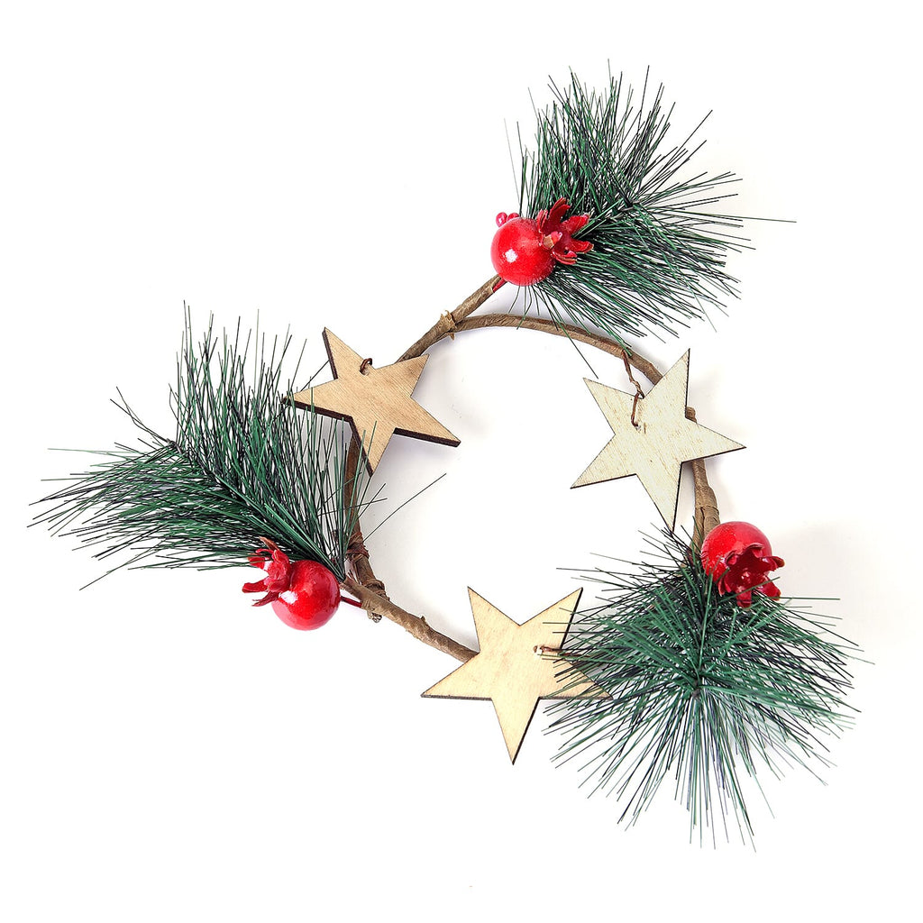 Set of 2 - Mini Candlestick wreath Embellished with Red Berry, Star and Leaf (Size 7 Cm)