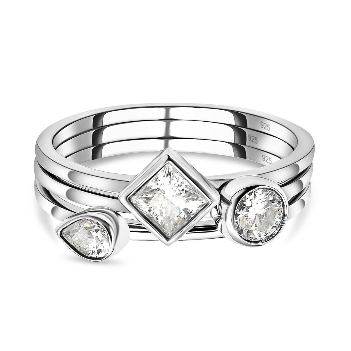 Set of 3 - Moissanite Ring in Rhodium Plated Sterling Silver, Silver Wt. 3.450 Grams V32639249 0