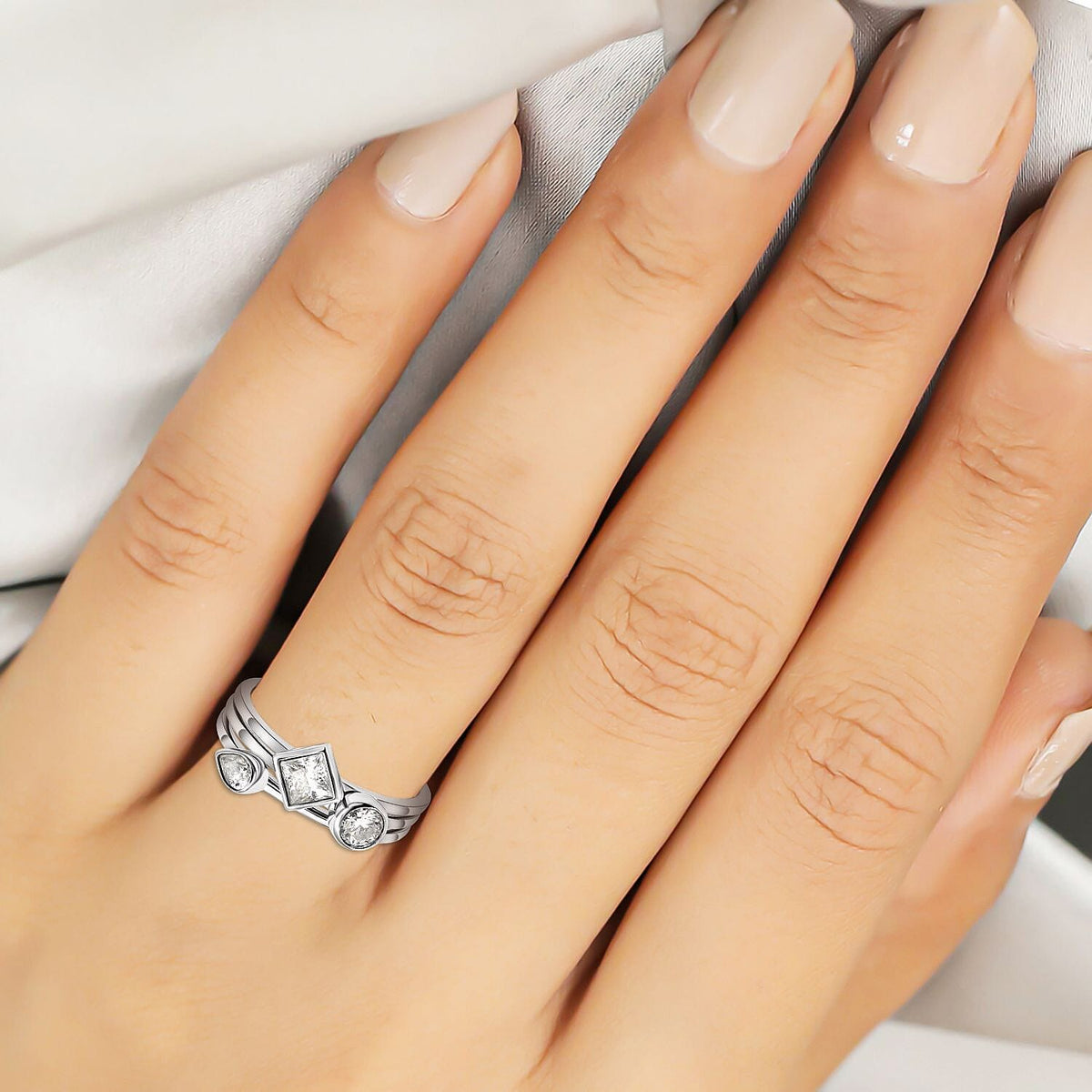 Set of 3 - Moissanite Ring in Rhodium Plated Sterling Silver, Silver Wt. 3.450 Grams V32639249 3