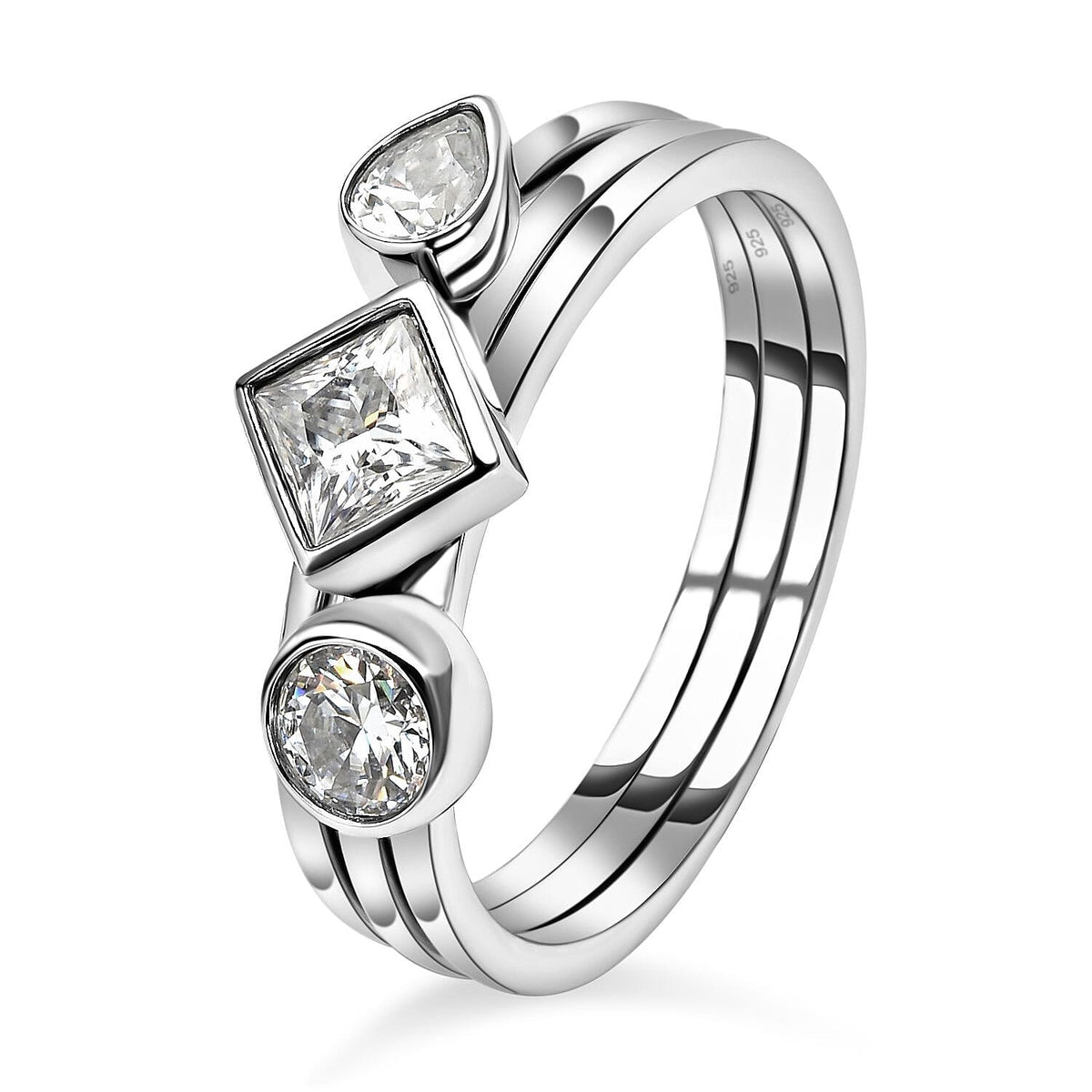 Set of 3 - Moissanite Ring in Rhodium Plated Sterling Silver, Silver Wt. 3.450 Grams V32639249 4