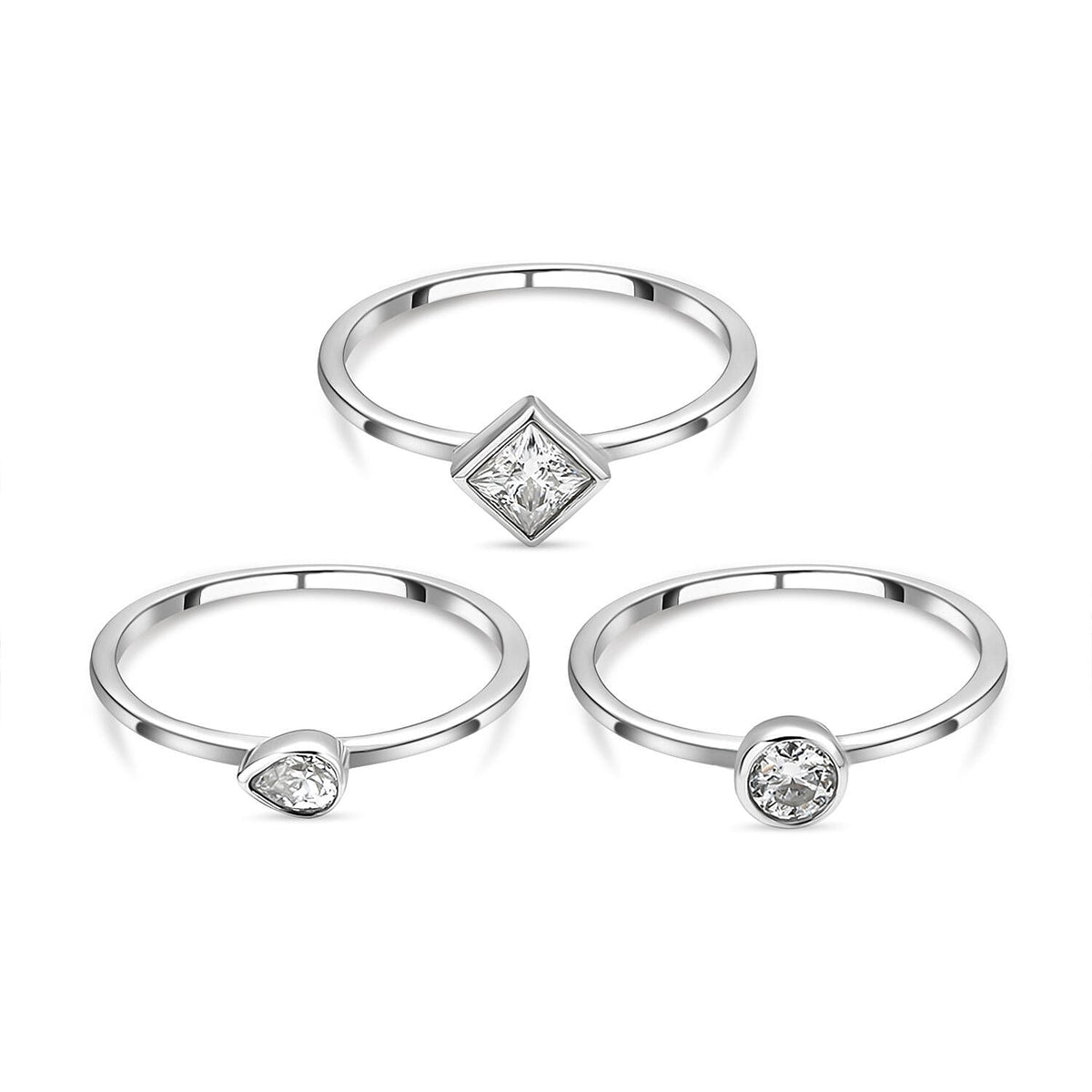 Set of 3 - Moissanite Ring in Rhodium Plated Sterling Silver, Silver Wt. 3.450 Grams V32639249 6