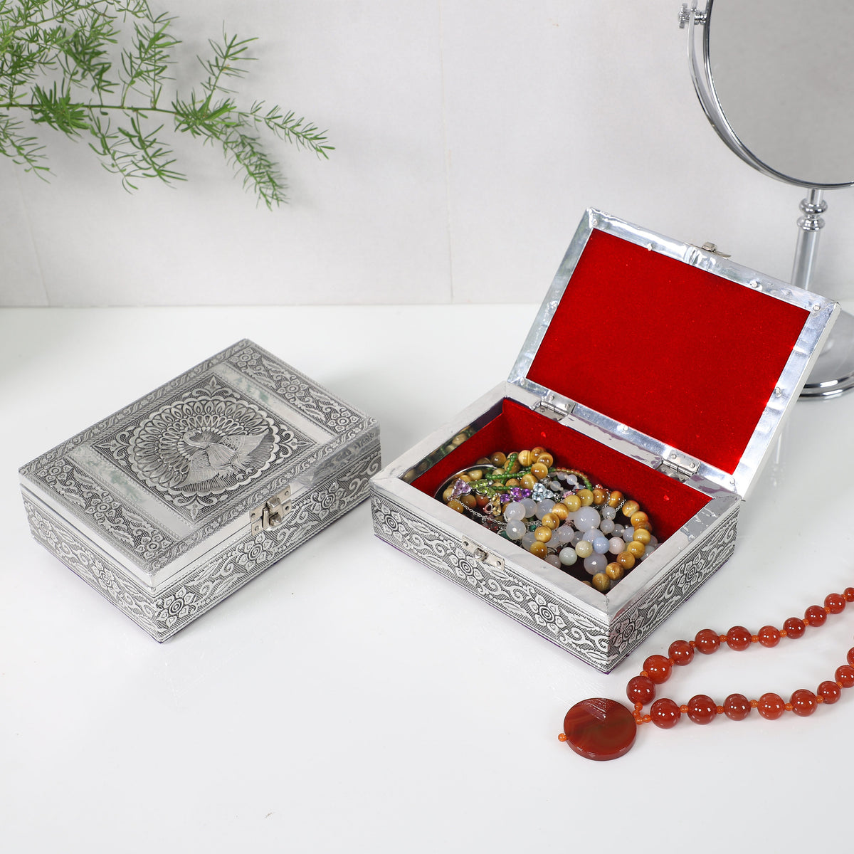 Set of 2 - Peacock Embossed Aluminium Storage Box (Size 20x13x7 Cm &amp; 16x10x5 Cm) 8859002 2