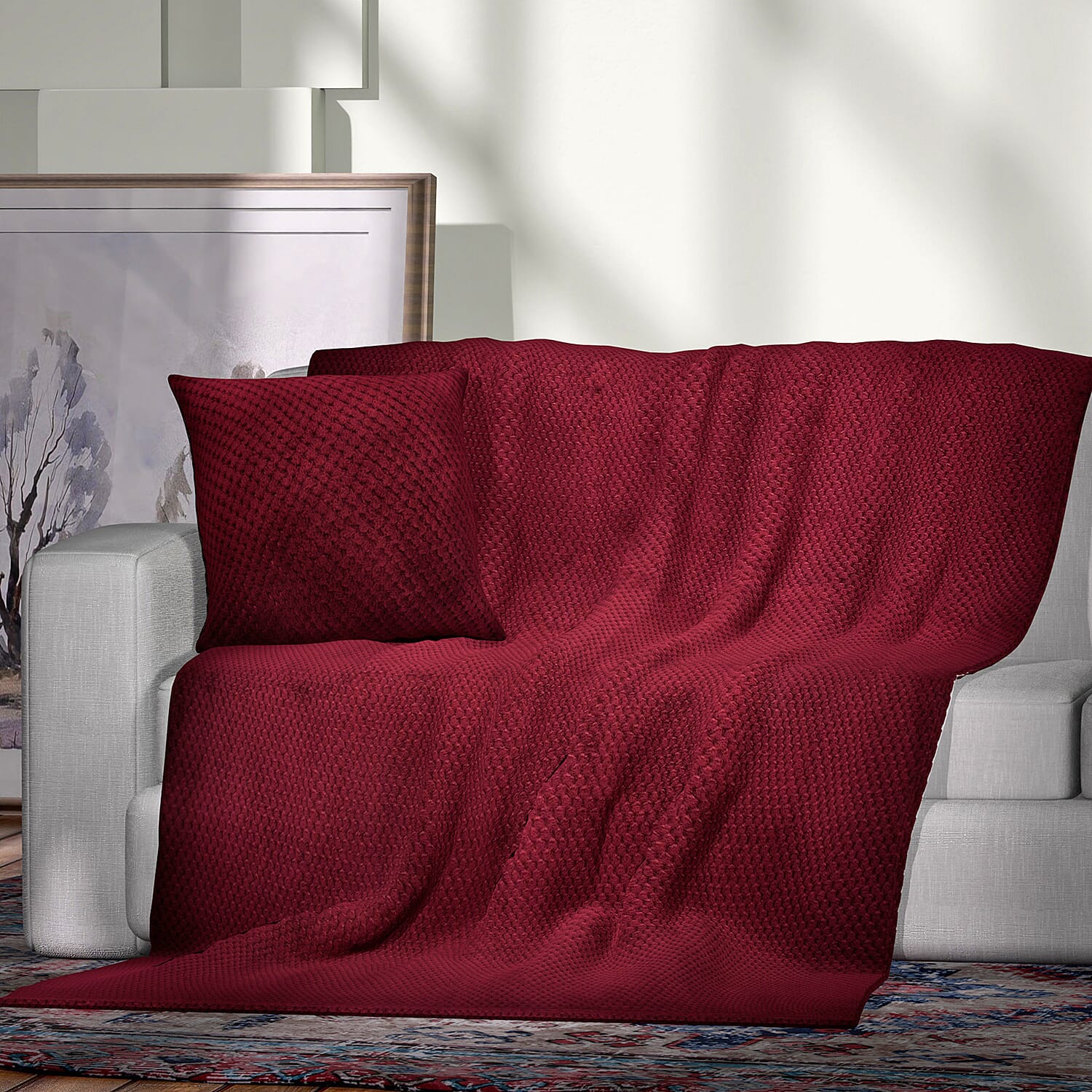 Set of 2 - Plush Jacquared Blanket with Cushion - Maroon 7013370 0