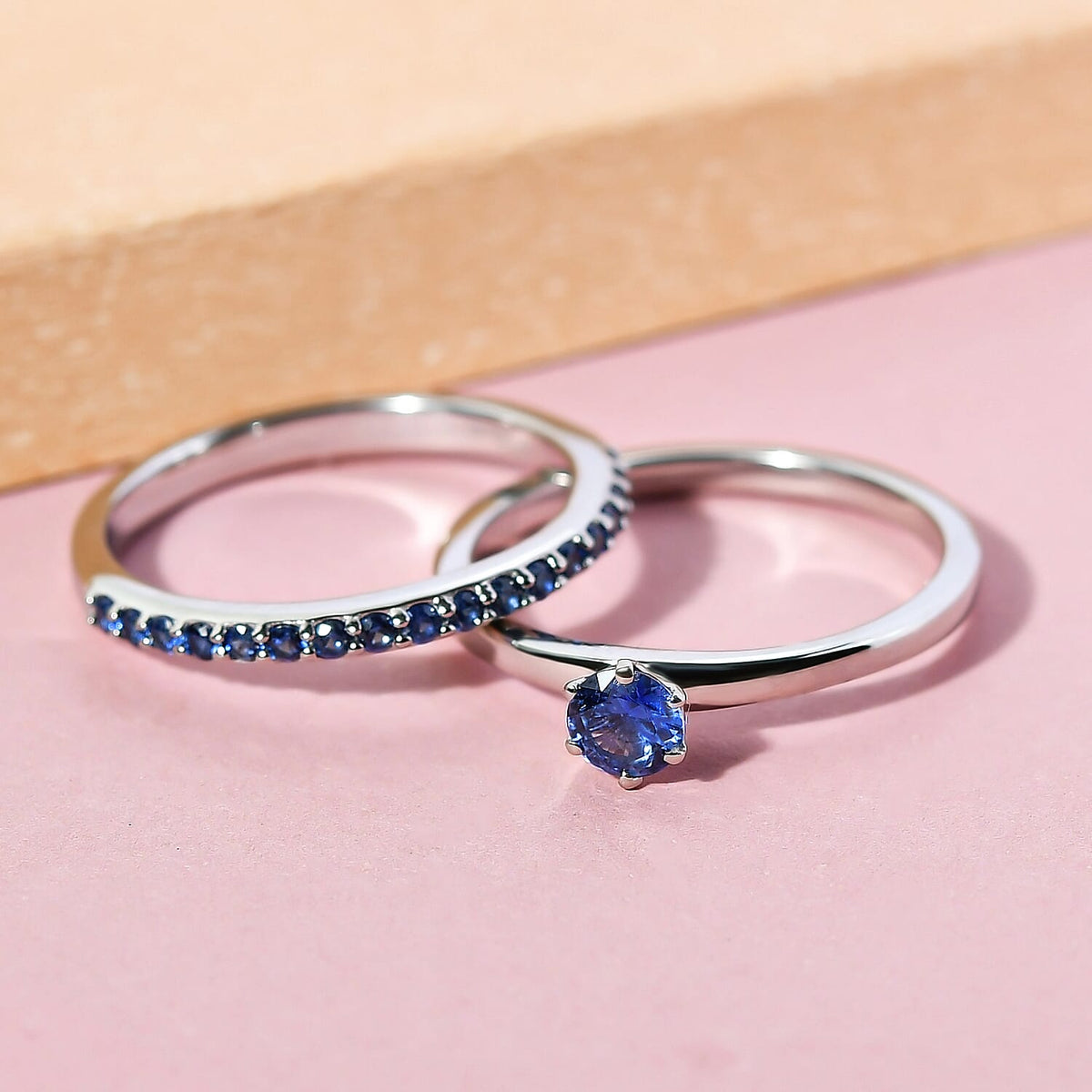 Set of 2 - RHAPSODY 950 Platinum AAAA Ceylon Sapphire Half Eternity and Solitaire Ring 4079134 2
