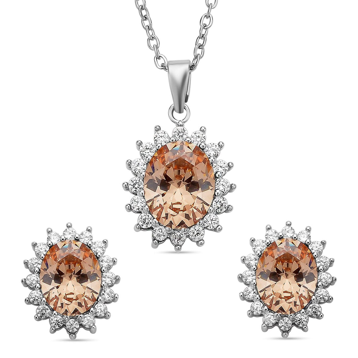 Set of 2 - Simulated Champagne and Simulated Diamond Pendant with Chain (Size - 20 With 2 Inch Extender) and Earrings (With Silicon Push Back) in Silver Tone 4118983 0
