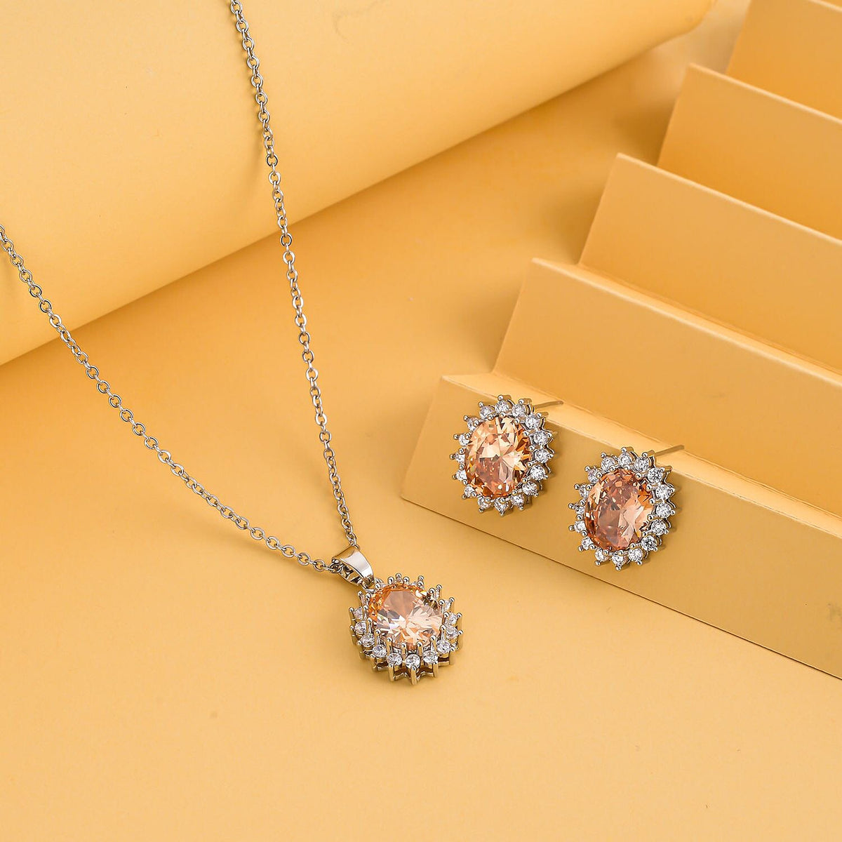 Set of 2 - Simulated Champagne and Simulated Diamond Pendant with Chain (Size - 20 With 2 Inch Extender) and Earrings (With Silicon Push Back) in Silver Tone 4118983 2