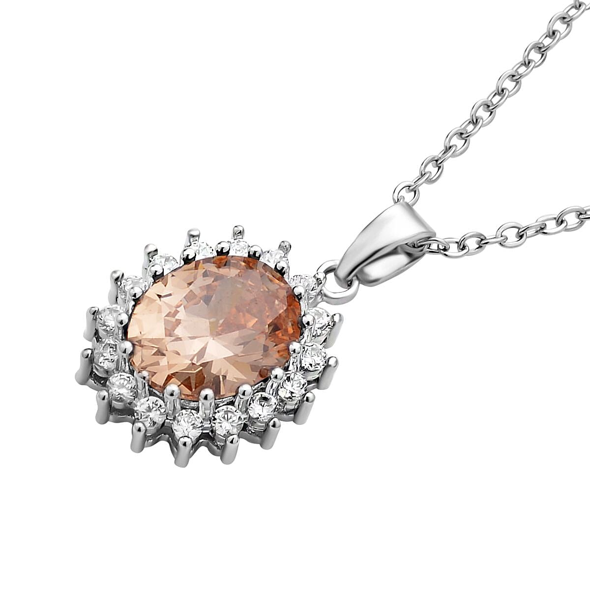 Set of 2 - Simulated Champagne and Simulated Diamond Pendant with Chain (Size - 20 With 2 Inch Extender) and Earrings (With Silicon Push Back) in Silver Tone 4118983 4