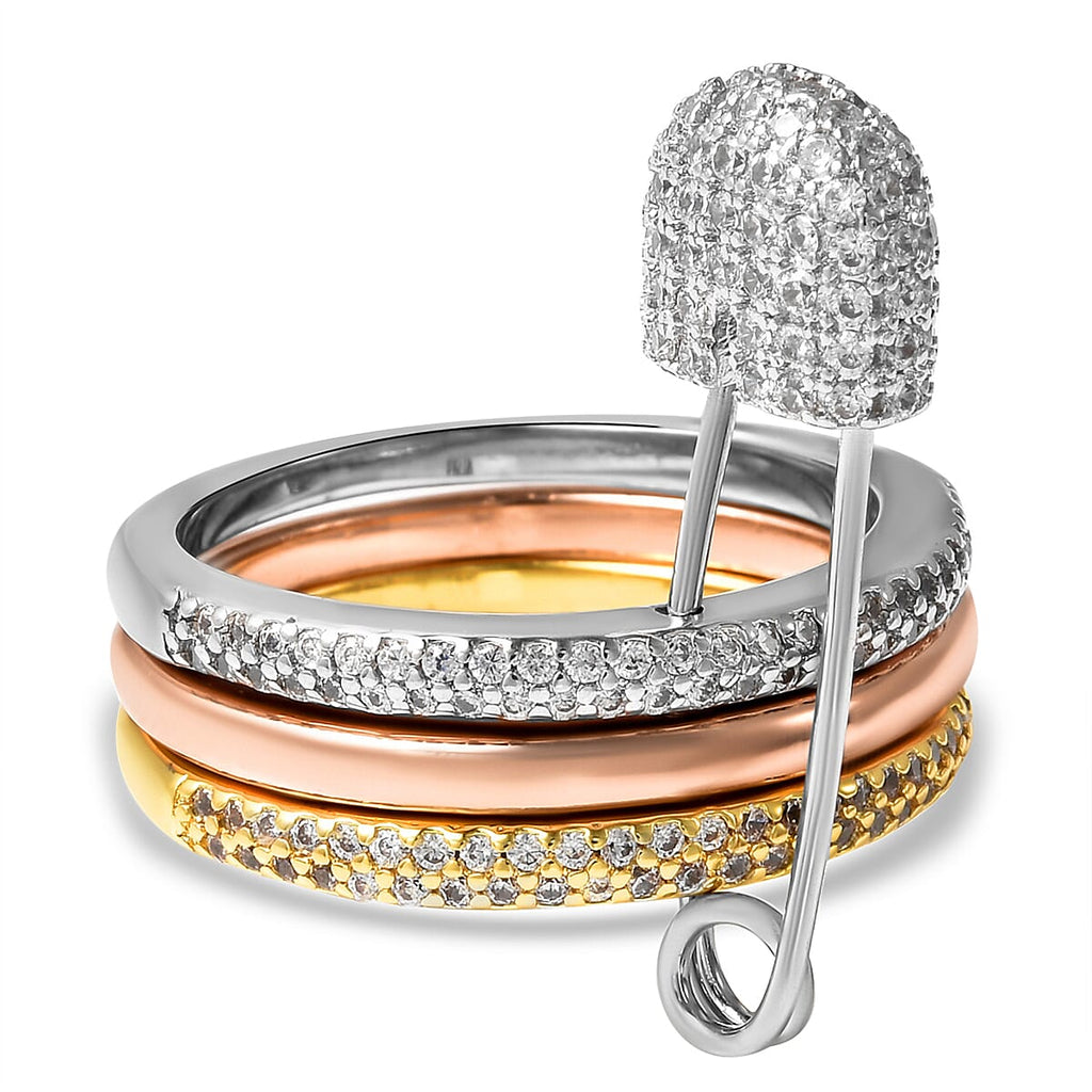 Set of 3 - Simulated Diamond Ring with Pin Hook in Tricolour Tone
