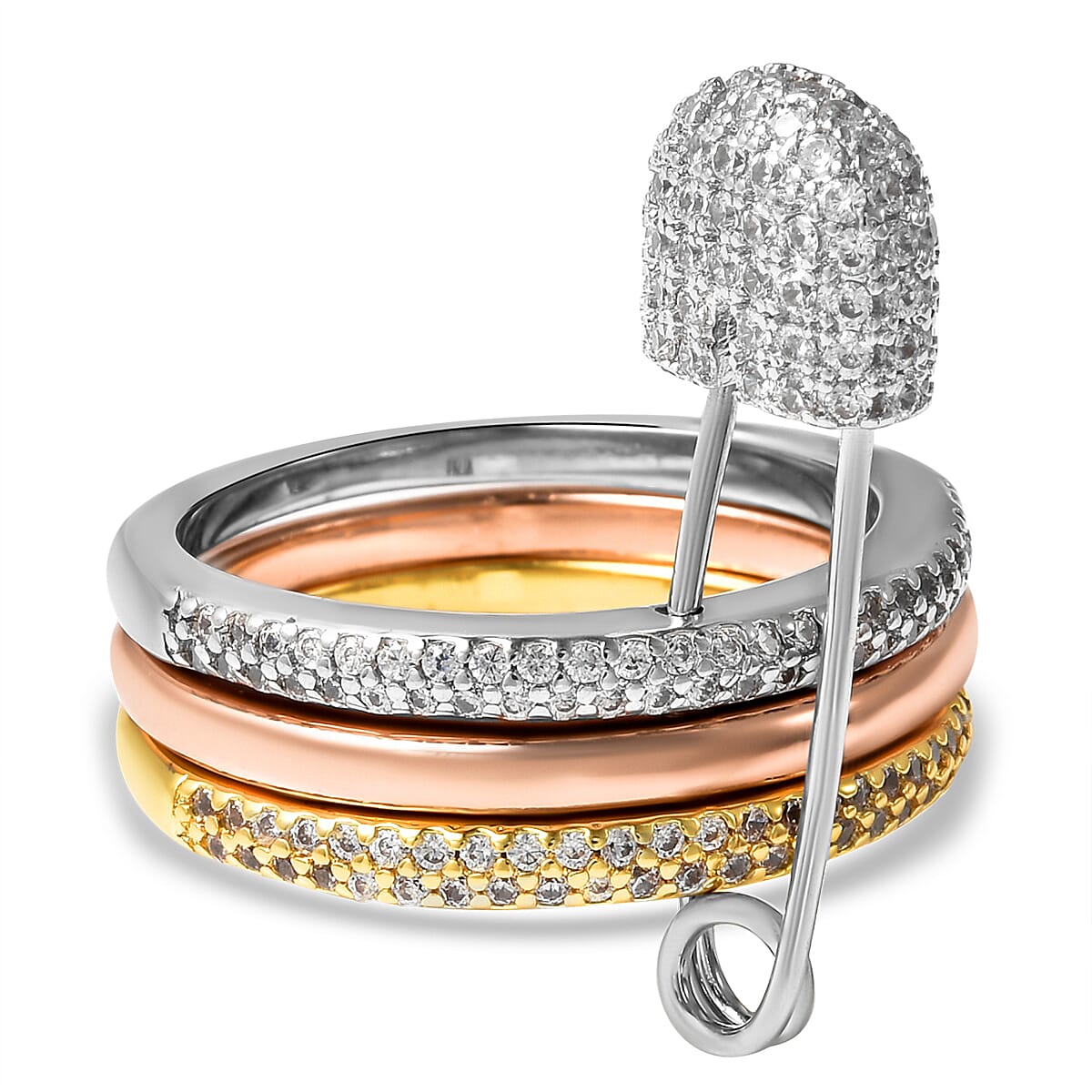 Set of 3 - Simulated Diamond Ring with Pin Hook in Tricolour Tone 4045225 0