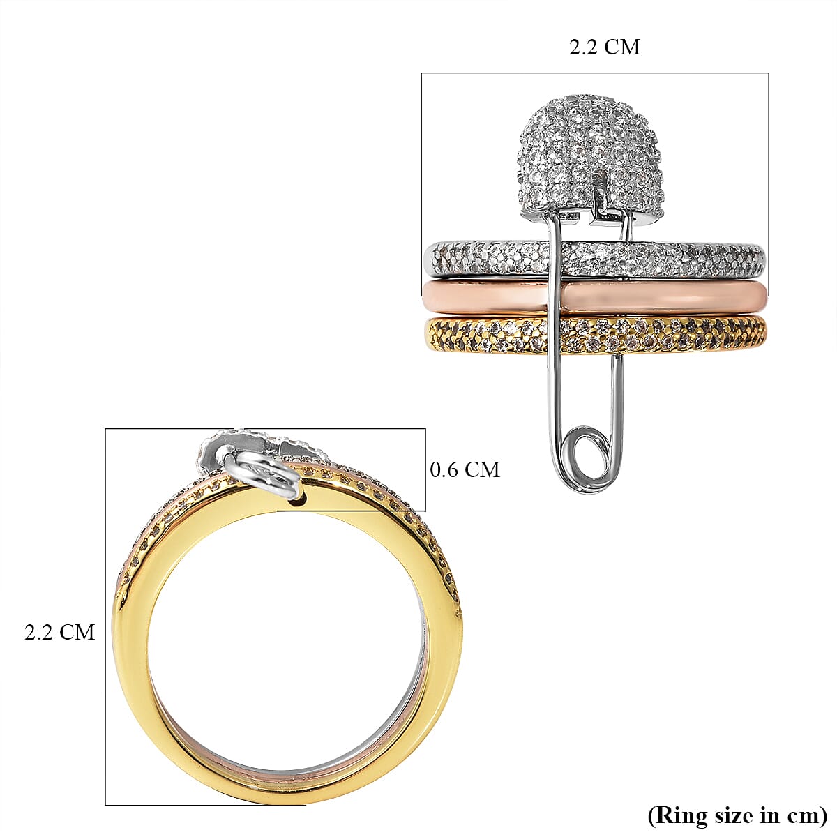 Set of 3 - Simulated Diamond Ring with Pin Hook in Tricolour Tone 4045225 6