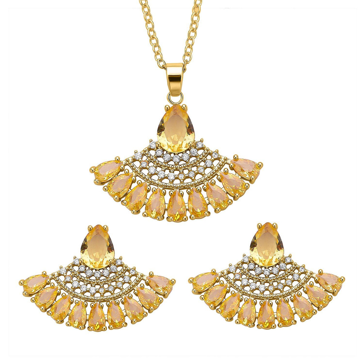 Set of 2 - Simulated Yellow Diamond and Simulated Diamond Pendant with Chain (Size 20-2 Inch Ext.) and Earrings in Yellow Gold Tone 4118978 0
