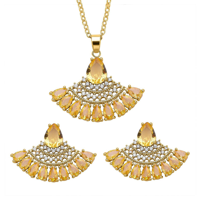 Set of 2 - Simulated Yellow Diamond and Simulated Diamond Pendant with Chain (Size 20-2 Inch Ext.) and Earrings in Yellow Gold Tone