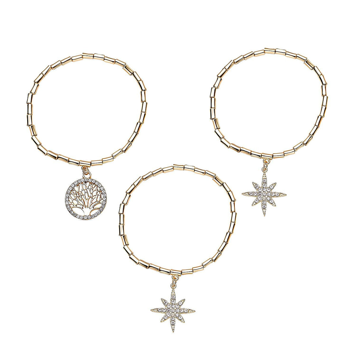 Set of 3 - White Austrian Crystal Flower, Star &amp; Tree of Life Charm Stretchable Bracelet 4116270 0