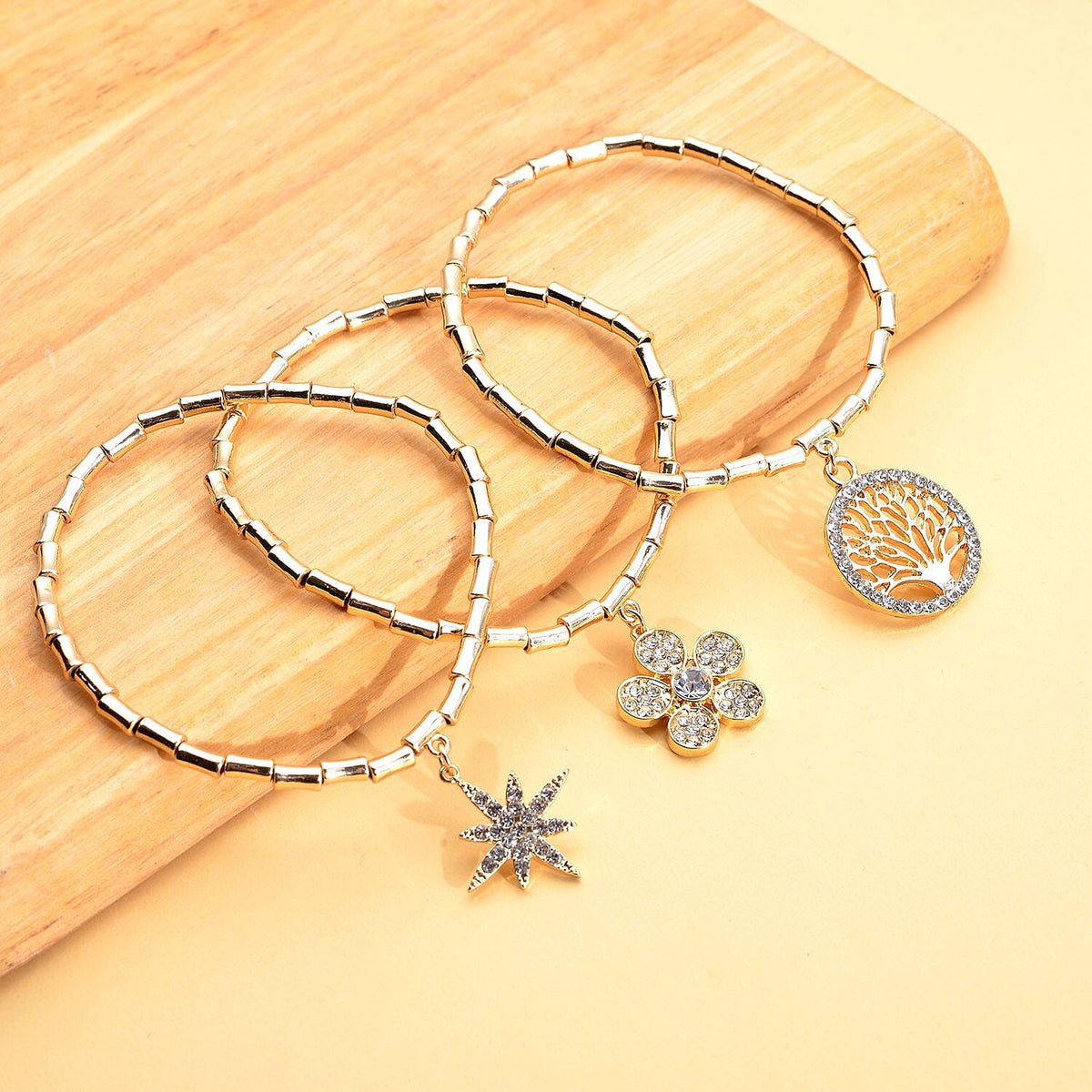 Set of 3 - White Austrian Crystal Flower, Star &amp; Tree of Life Charm Stretchable Bracelet 4116270 2