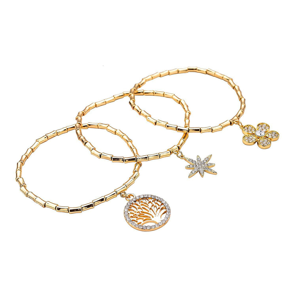 Set of 3 - White Austrian Crystal Flower, Star &amp; Tree of Life Charm Stretchable Bracelet 4116270 3