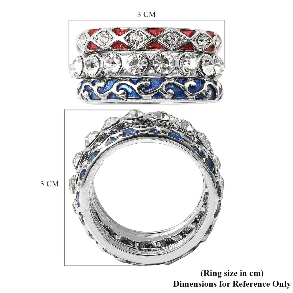Set of 3 - White Austrian Crystal Enamelled Ring in Silver Tone