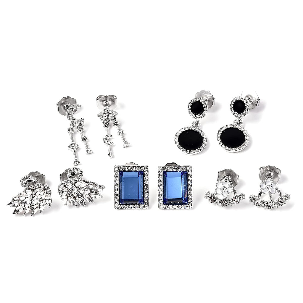 Set of 5 - White & Black Austrian Crystal, Simulated Diamond and Blue Topaz Enamelled Push Back Earrings