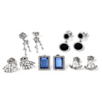 Set of 5 - White & Black Austrian Crystal, Simulated Diamond and Blue Topaz Enamelled Push Back Earrings