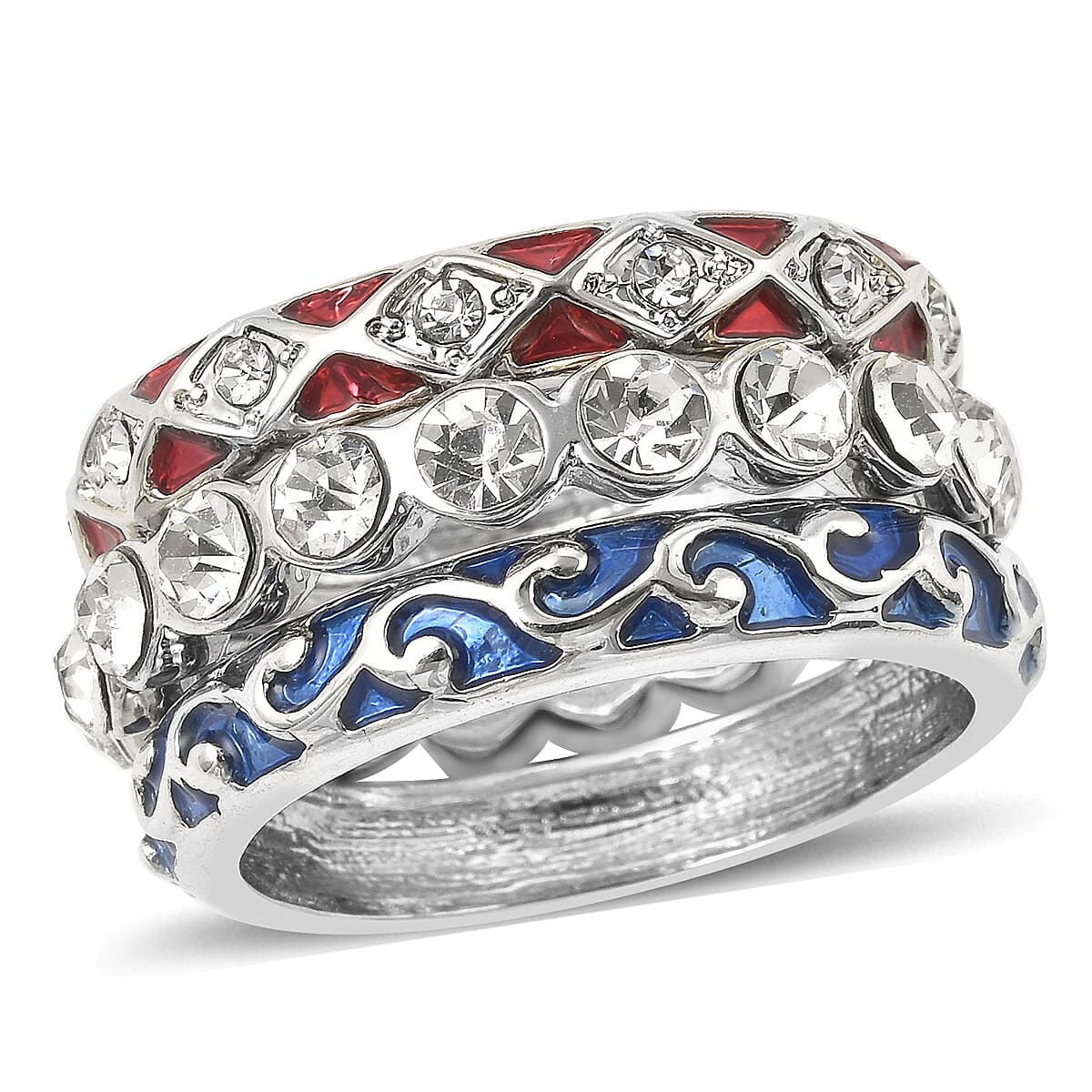 Set of 3  White Austrian Crystal Enamelled Ring in Silver Tone 4047733 0